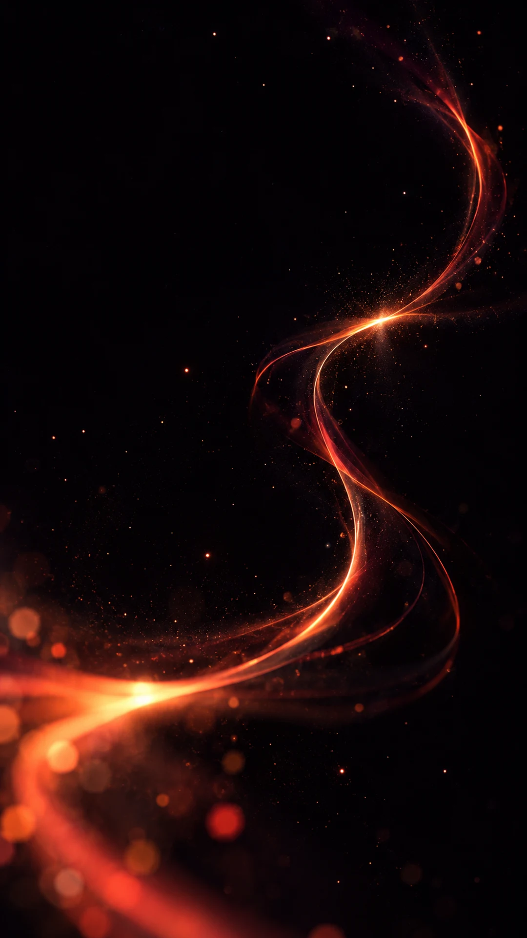 Rot-orange Lichtschliere mit hellem Kern auf Schwarz, Bokeh unten
