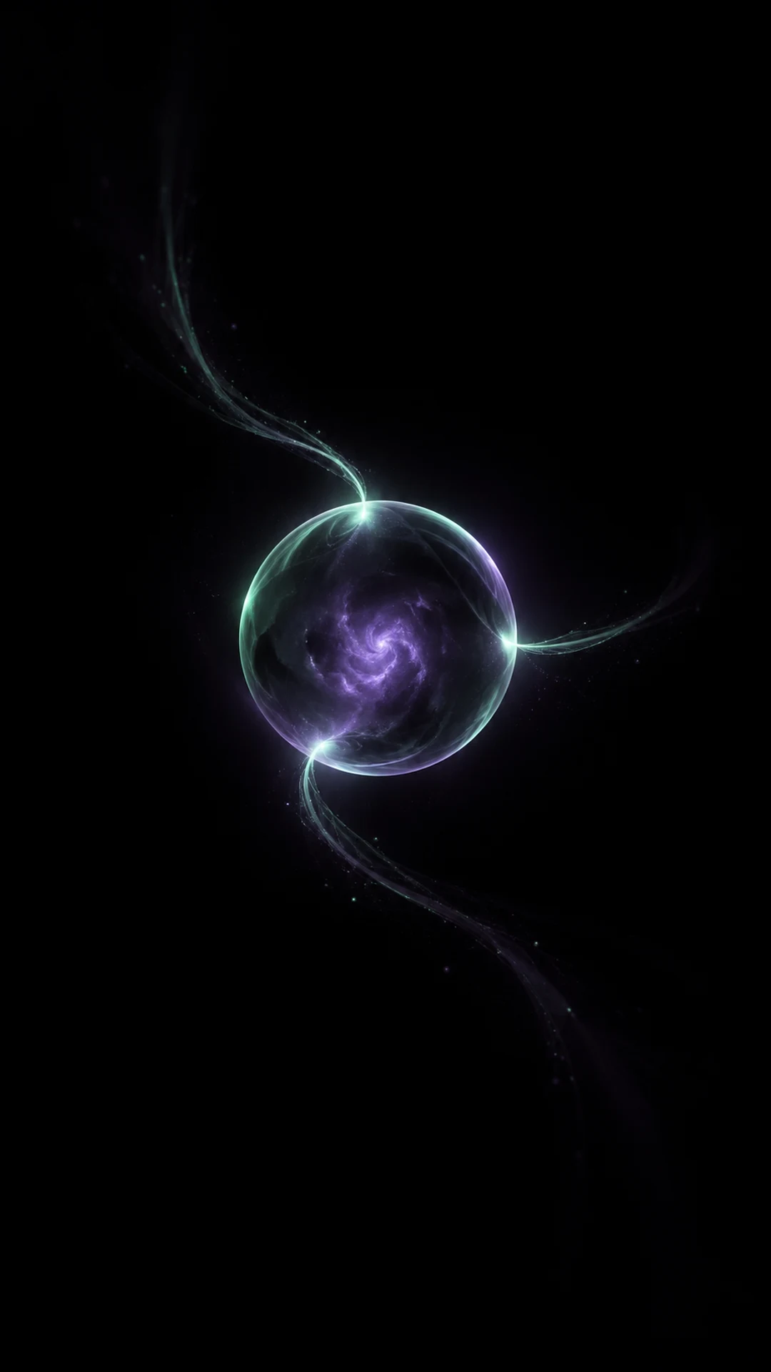 Sphere mit mint Rand und violettem Inneren, Lichtströme laufen hinein